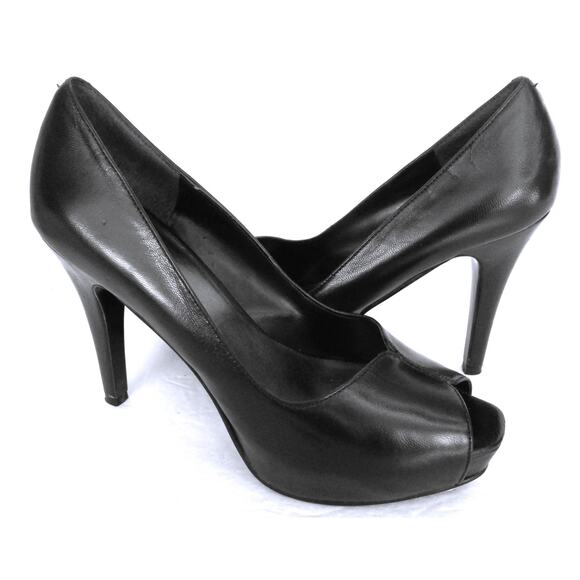 NINE WEST Bonfire Black Leather Peep Toe Stiletto Pumps Heels Sz 7 - Picture 1 of 9